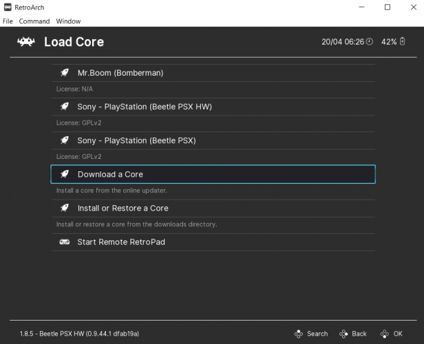 Download Core on RetroArch